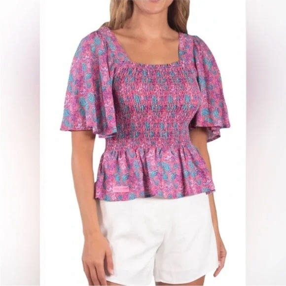 Simply Southern Tops - Simply Southern • Pink & Blue Seahorse Print Smocked Flutter Sleeve Top • Sz XL